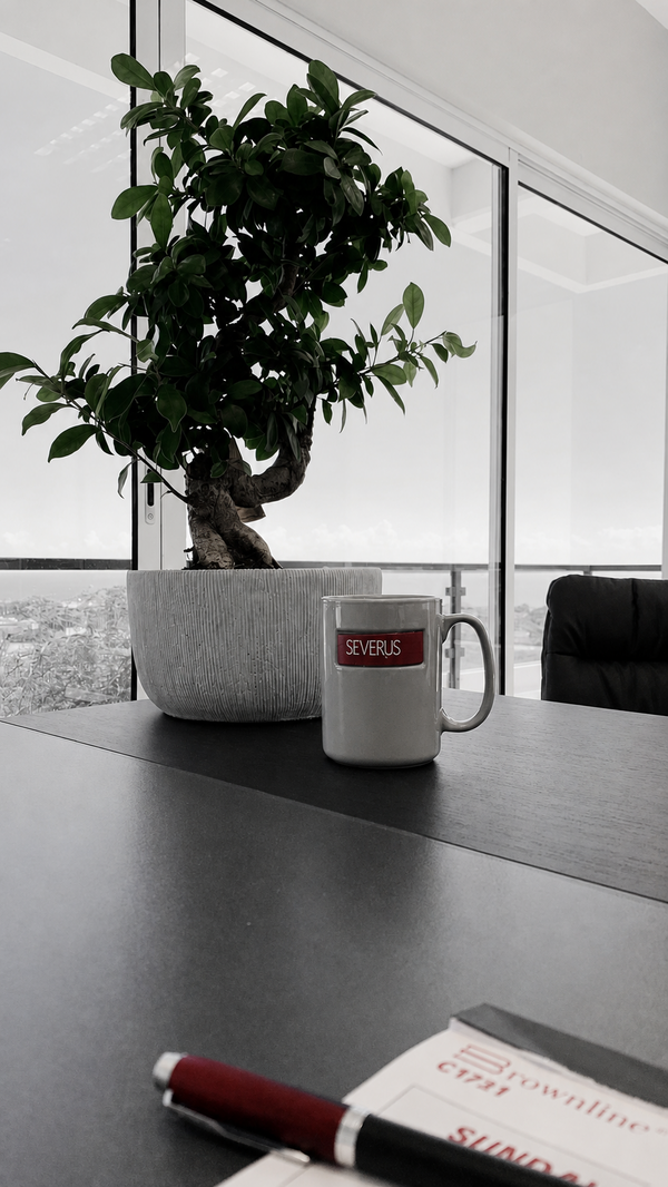 Severus office with branded mug and stationery