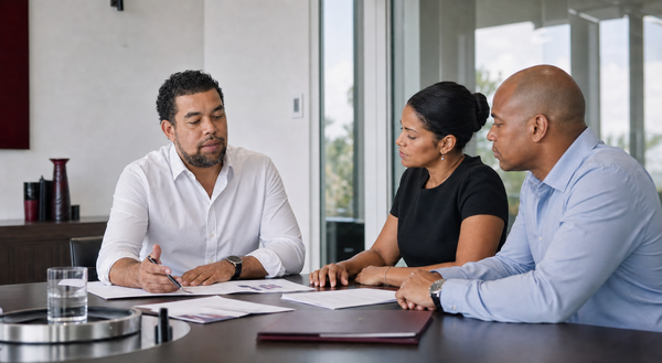 A Severus adviser discussing financial documents with two clients